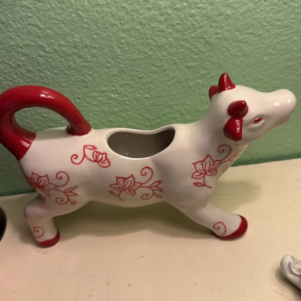 Ceramic Cow Creamer with Red Floral Design 7”  #18